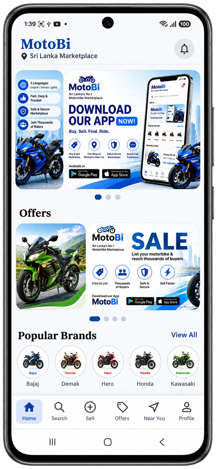 The MotoBi app home screen, showing motorbikes for sale near you.